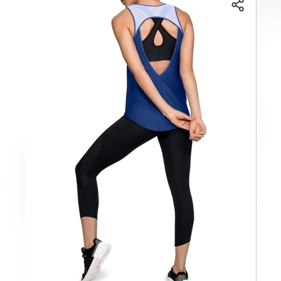 Under Armour Heat Gear Blue Sheer Tank Top Women's Medium M Open Back Fitted EUC - Picture 3 of 13